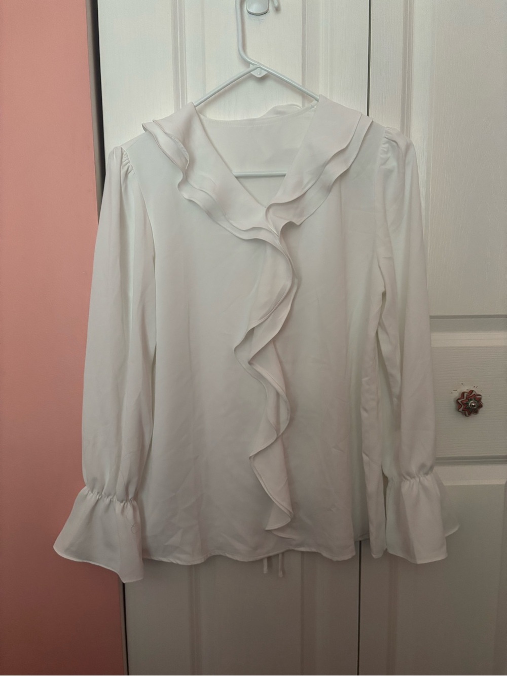 Ruffle Front Long-Sleeve Blouse - White
